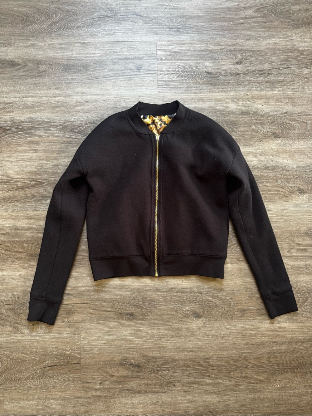 Guess Dulcibella Bomber Jacket Satin Baroque Reversible Black Gold Leopard XS